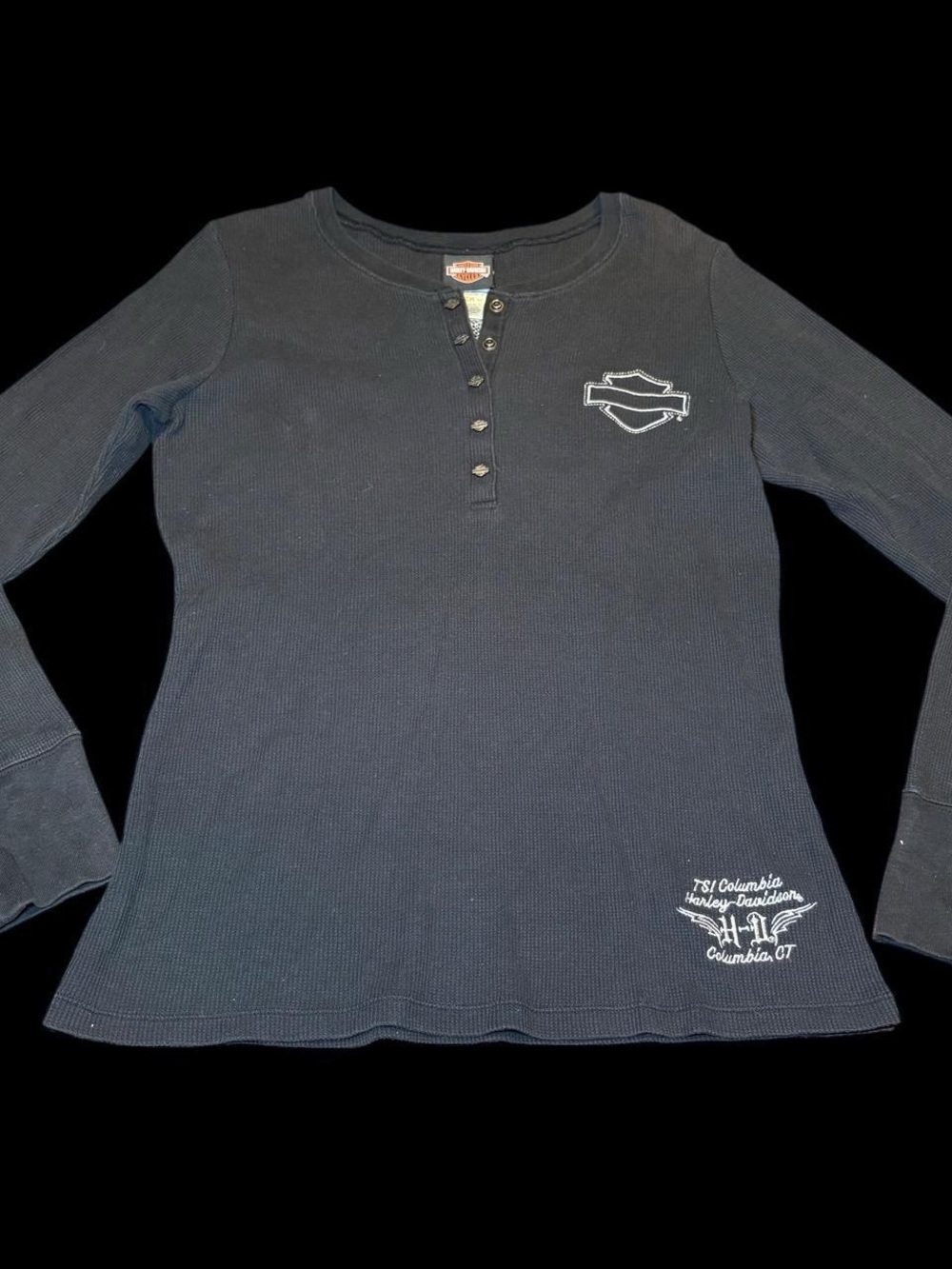 Harley-Davidson Women's Black Long Sleeve Henley with Embroidered Logos